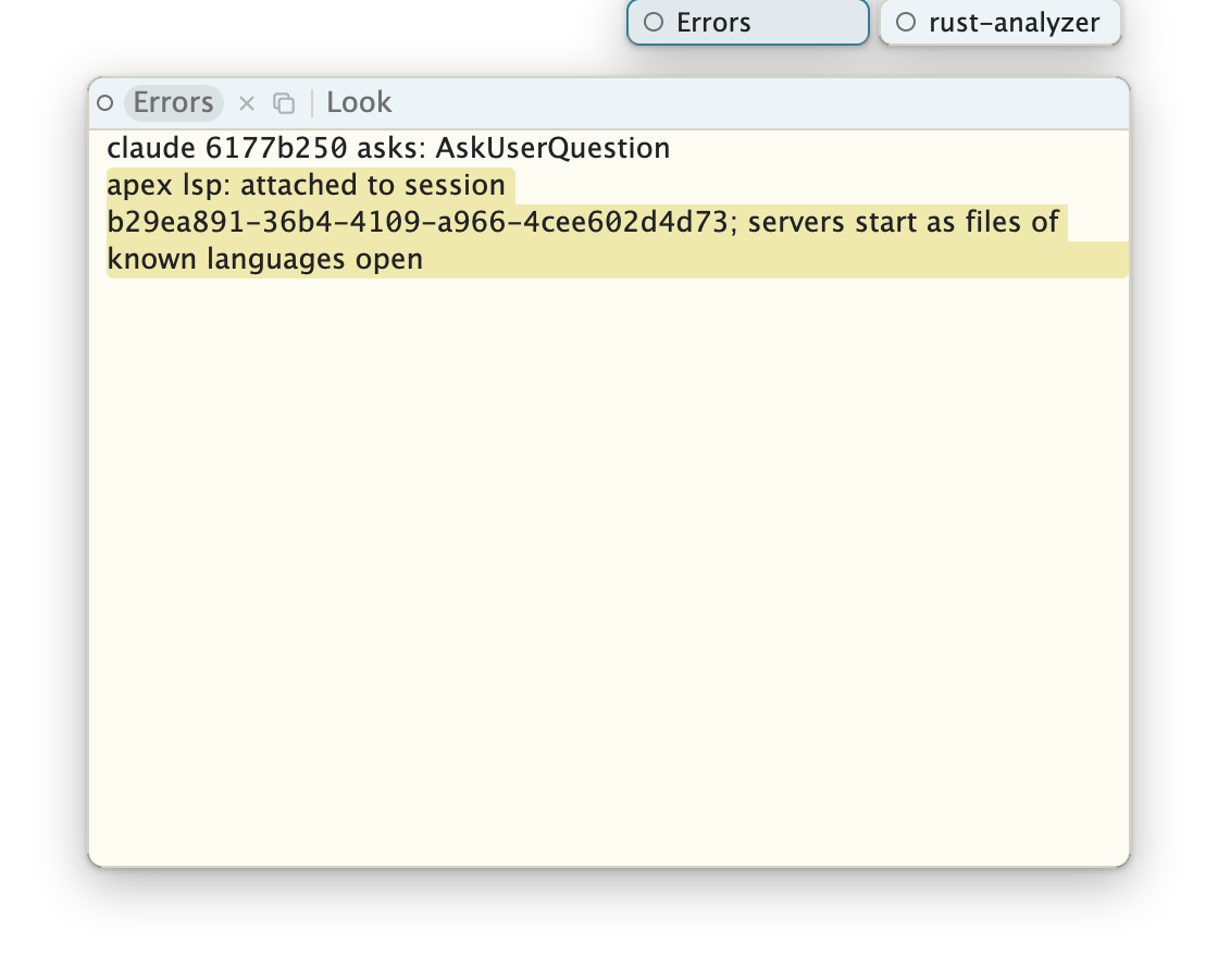 Two stashed windows, Errors and rust-analyzer, as cards at the right of the title bar. Below them, the Errors window is shown live, with two lines selected.
