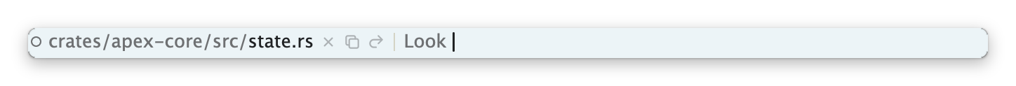 The tag of a clean window: a hollow dot, the path crates/apex-core/src/state.rs, icons for Del, Snarf and Redo, then Look.